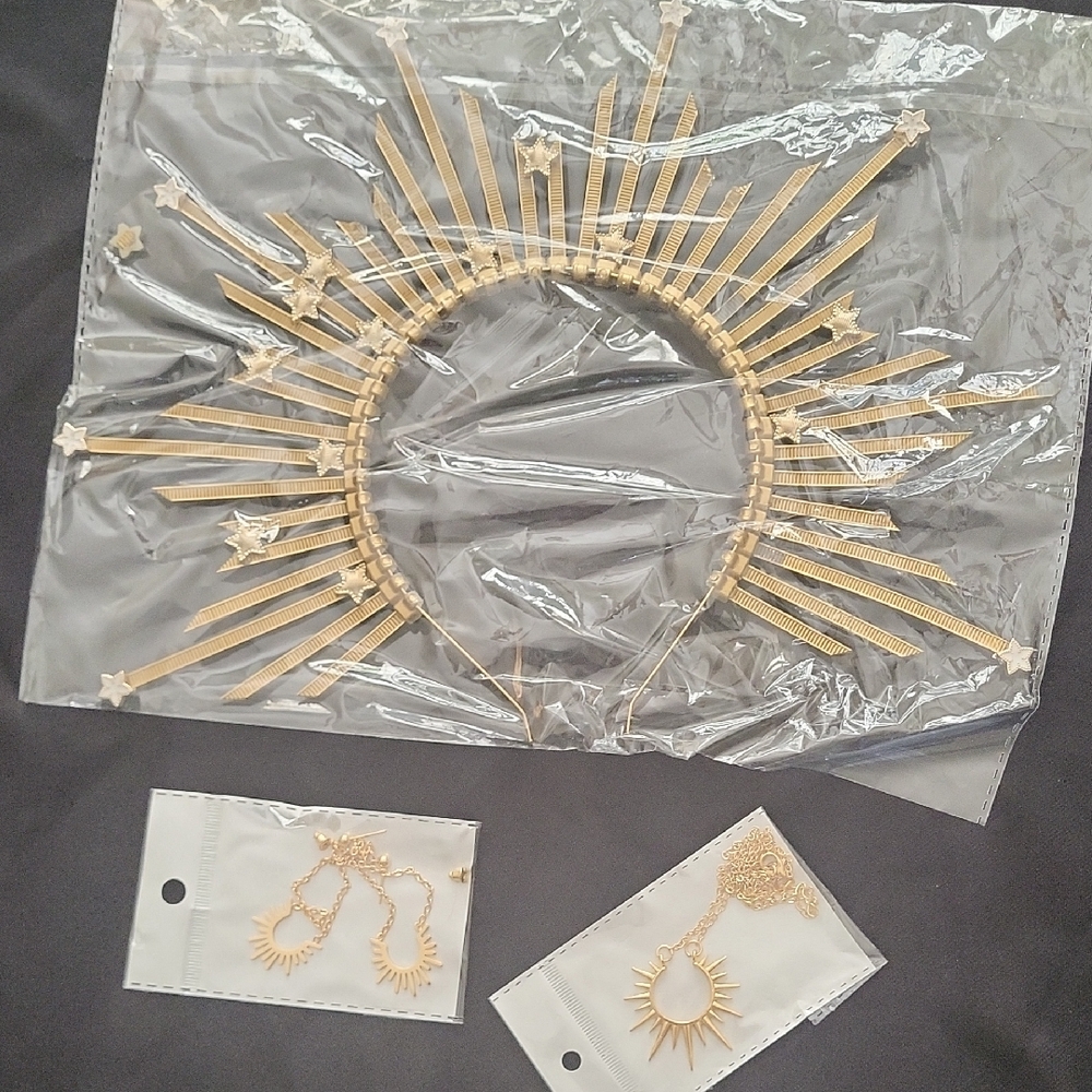Gold Sunburst Hair Accessory/Necklace/Earrings